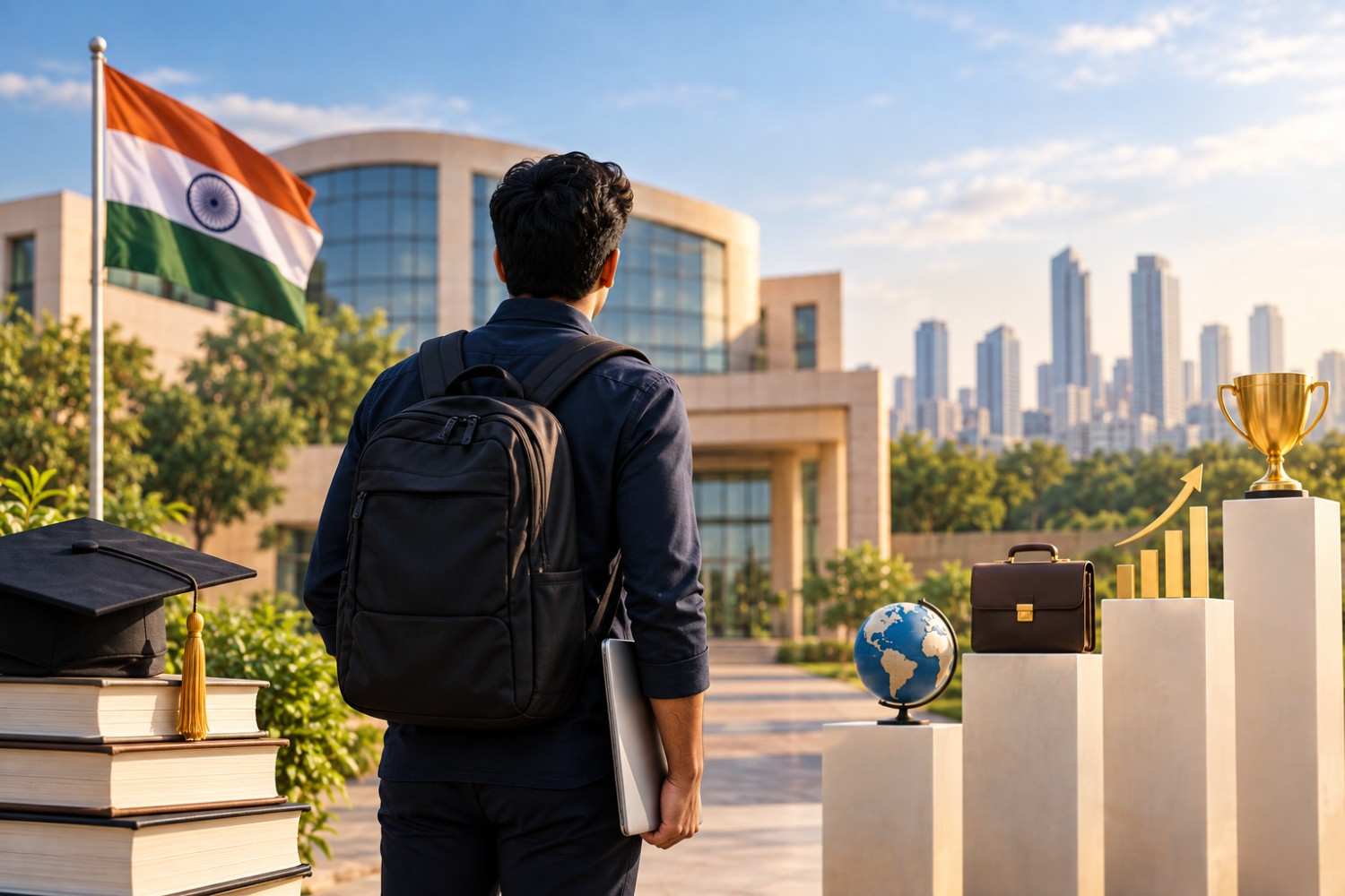 Indian MBA applicant facing a modern business school campus with graduation, career growth and global opportunity symbols representing ISB salary prospects.